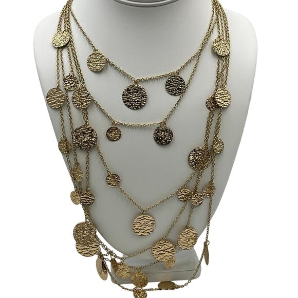 Amrita Singh Gold Tone Multi Layered Hammered Disc Coin Long Necklace - Picture 8 of 8